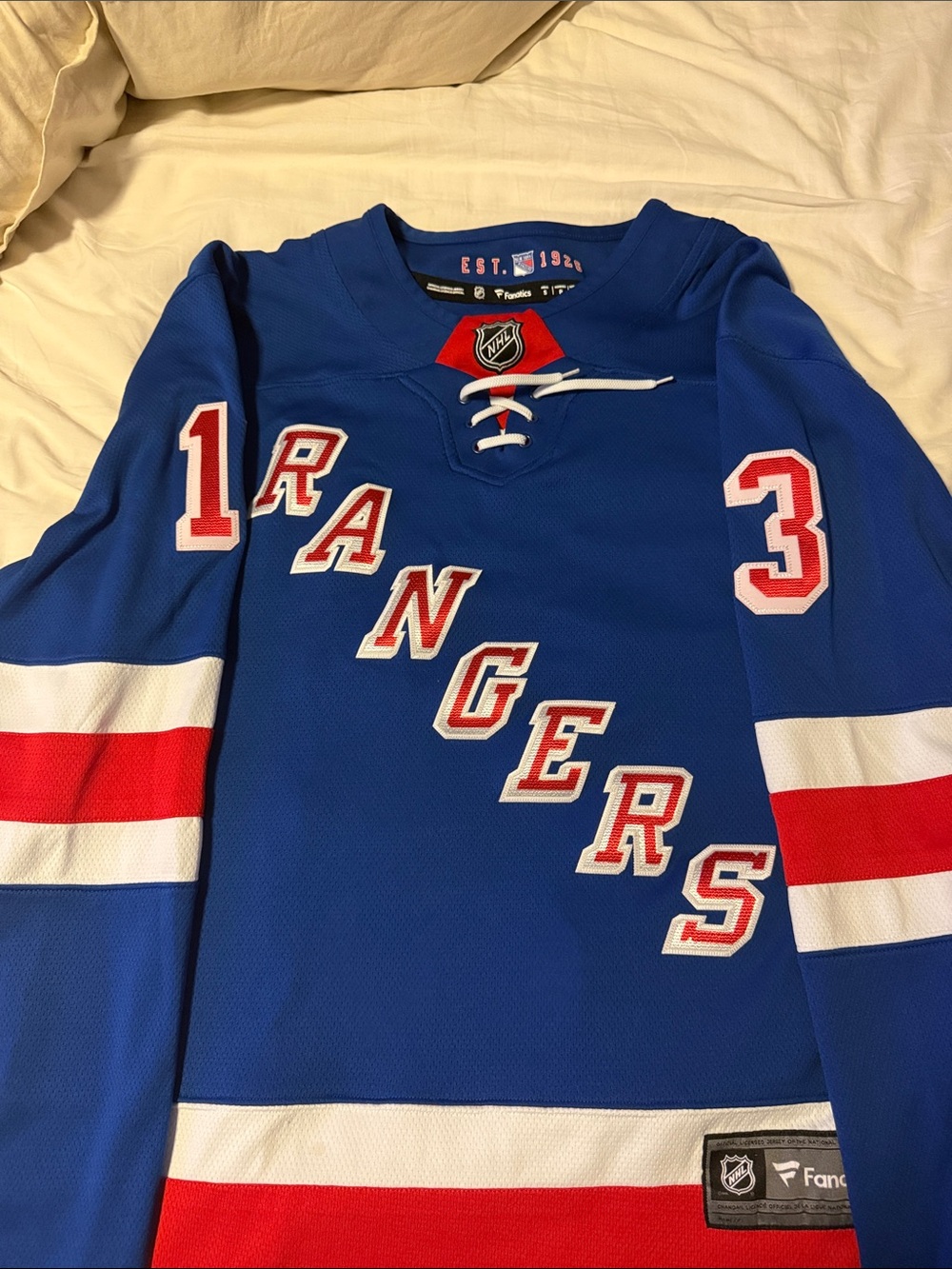 NHL Rangers Lafreniere Blue Jersey with Red & White Accents